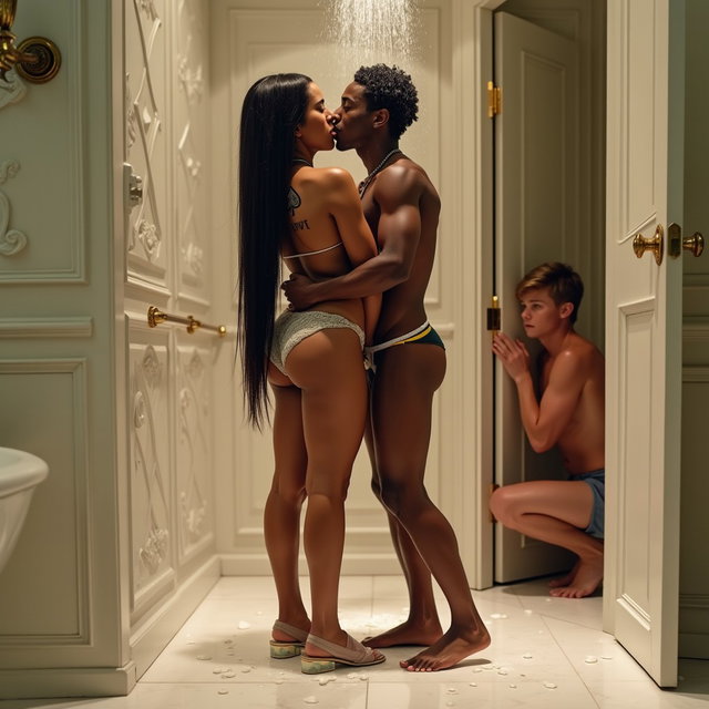 A vivid scene in a luxurious bathroom featuring a light-skinned Mexican woman with wide hips and a medium build, showcasing thick legs and very long, straight black hair