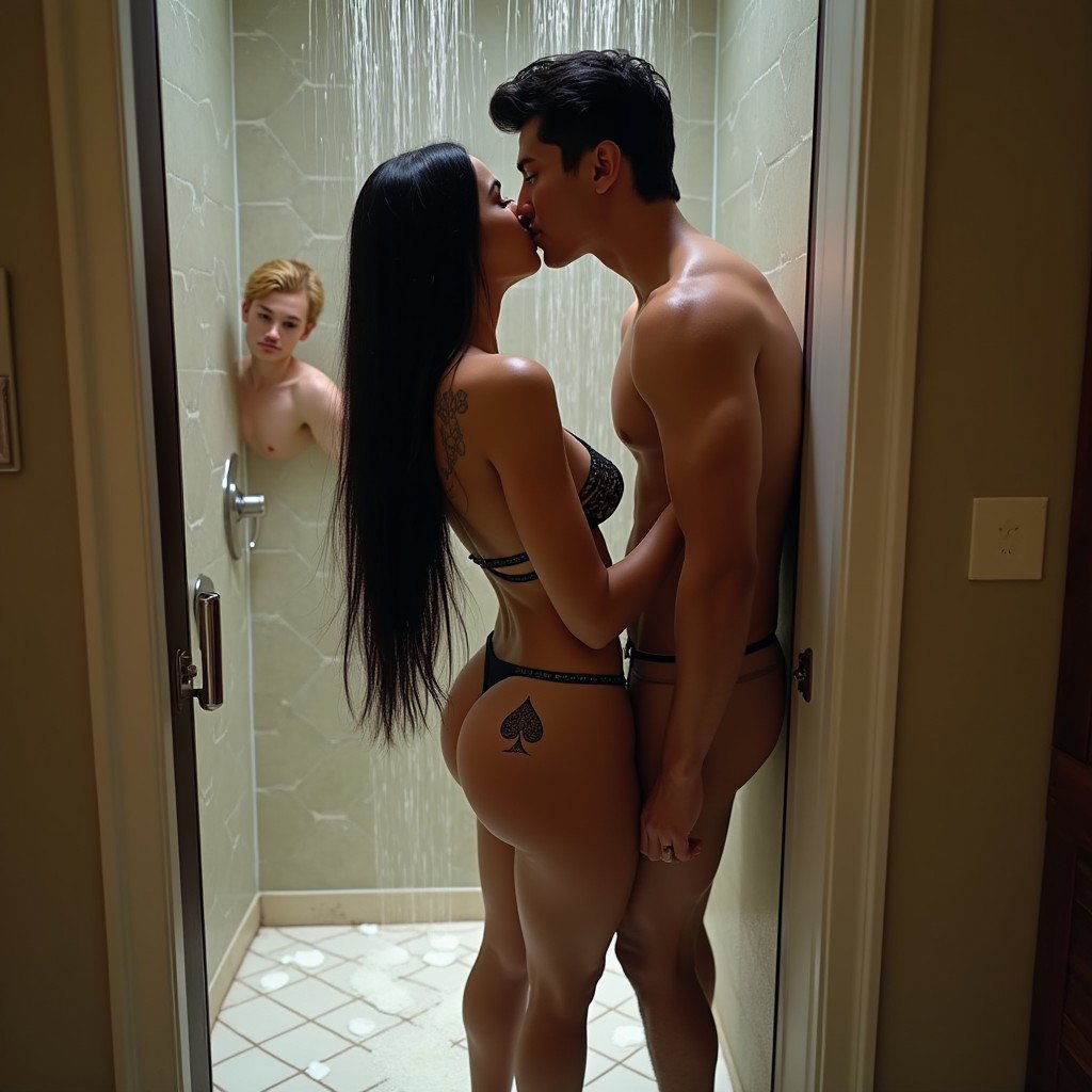 A striking image of a Mexican woman with fair skin, wide hips, and a medium build, showcasing thick legs and long, straight black hair styled elegantly