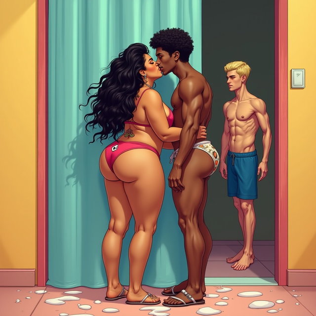 A vibrant scene depicting a light-skinned Mexican woman with wide hips and a robust build (approximately 1