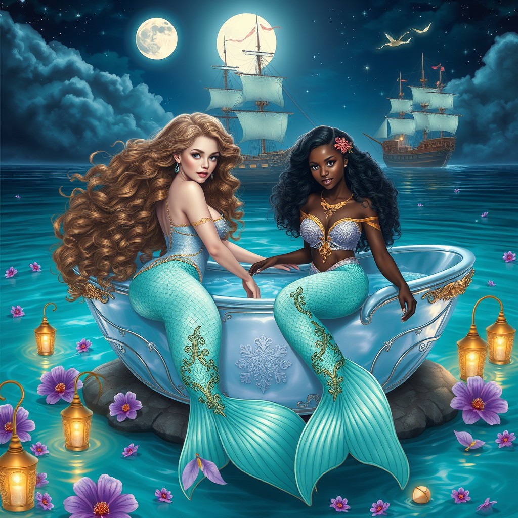 A captivating painting of two beautiful adult mermaids, both with very long, curly light brown hair