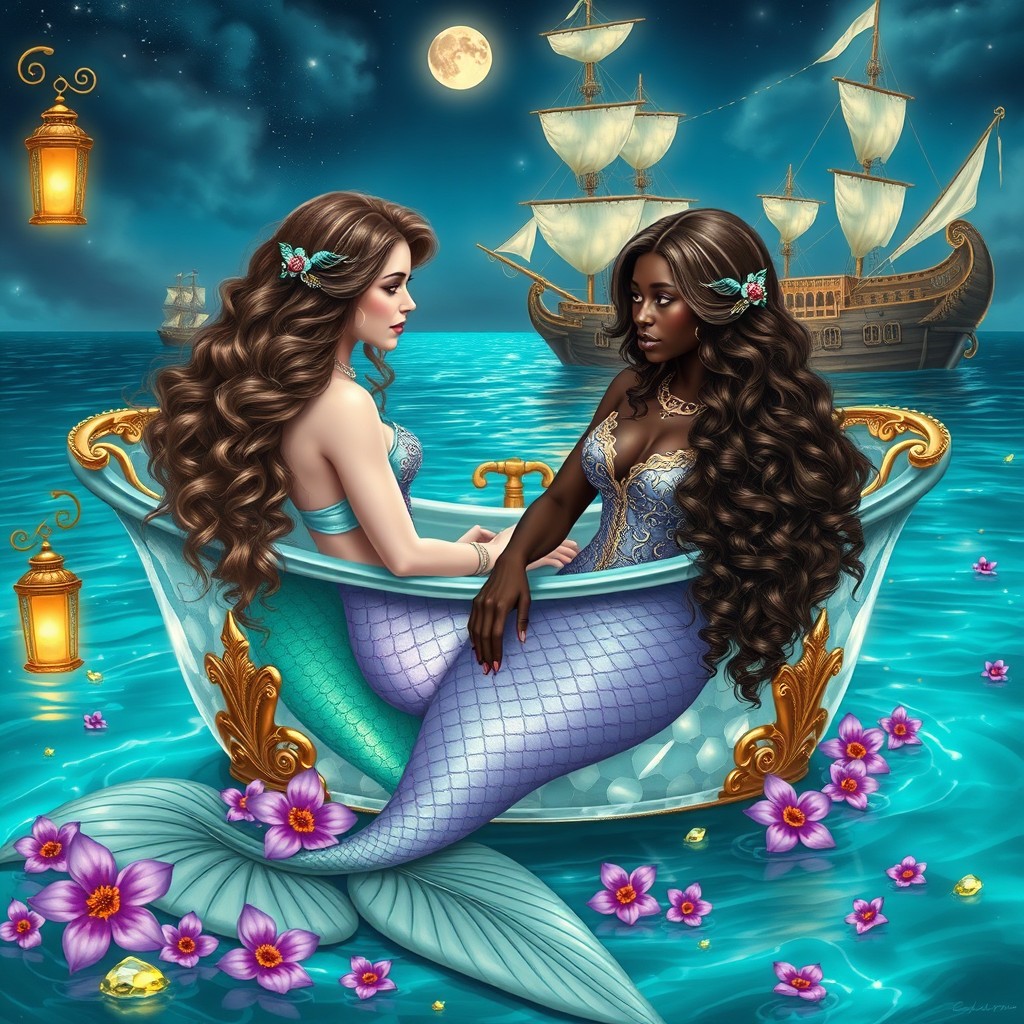 A stunning painting depicting two beautiful adult mermaids, both with very long, curly light brown hair