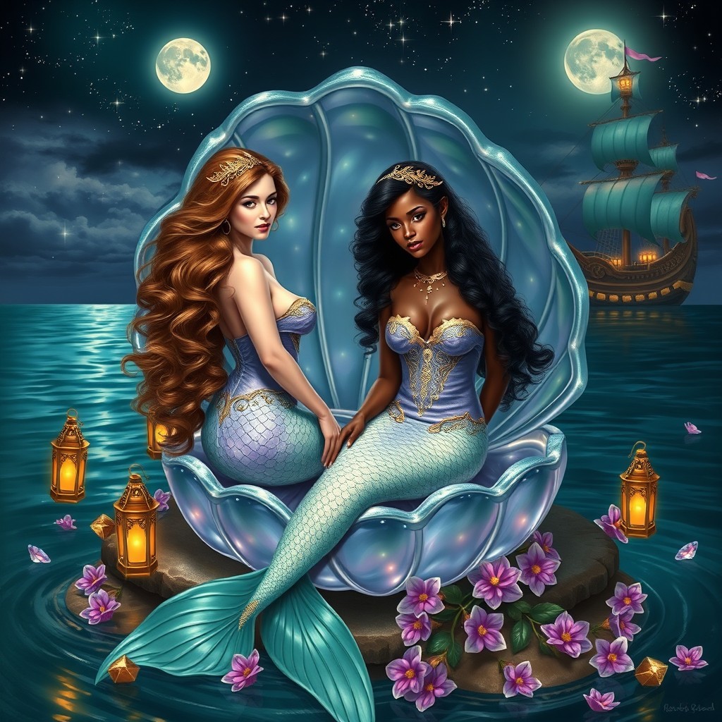 A stunning painting of two beautiful adult mermaids, both with very long, curly light mahogany brown hair
