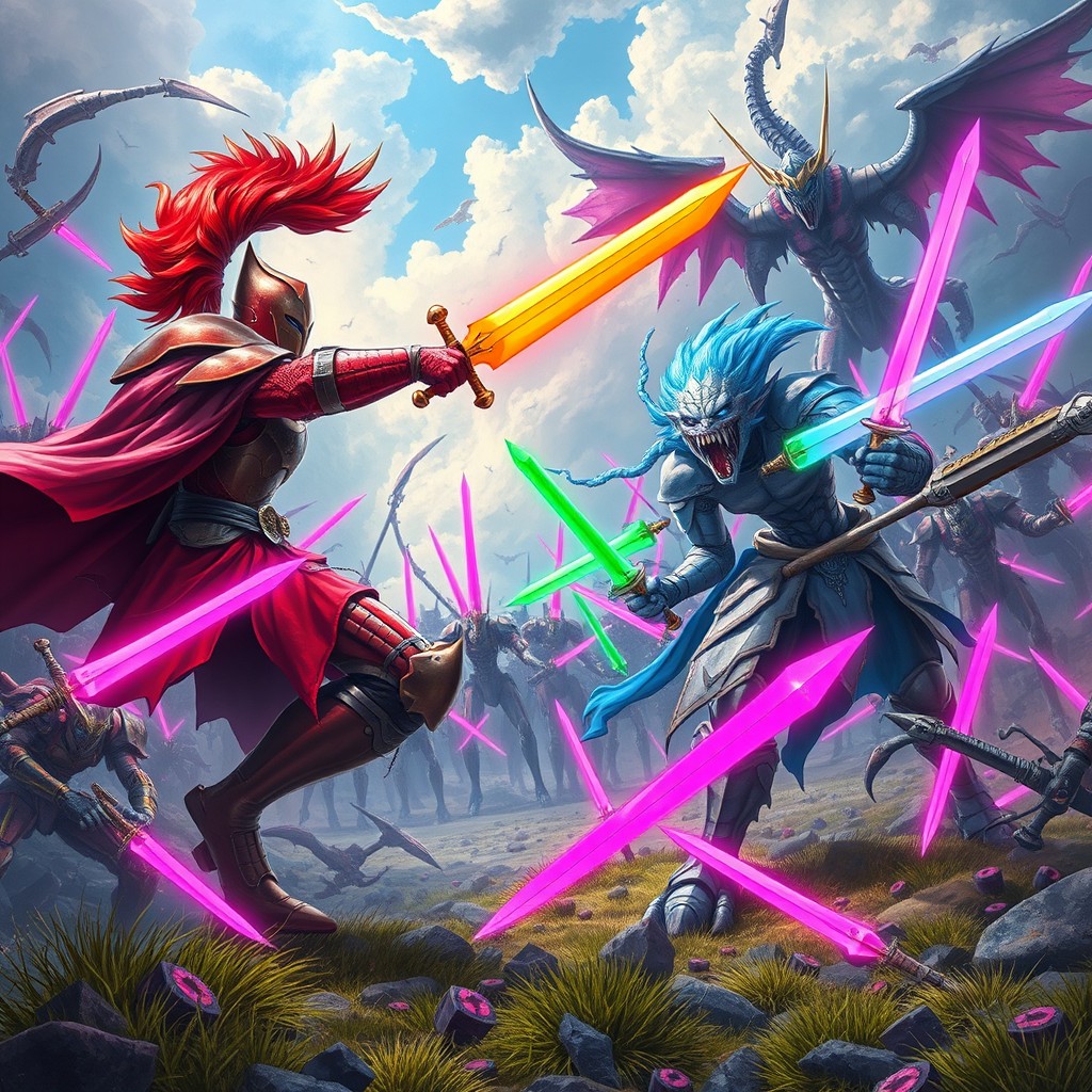 A vivid fantasy battle scene featuring a red knight wielding a yellow sword and a fierce cyclops leading an army of robots