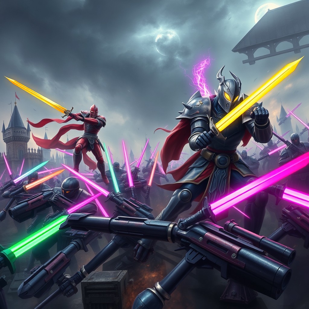 A dynamic fantasy battle scene depicting a red knight wielding a yellow sword and a cyclops leading an army of robots in vivid detail