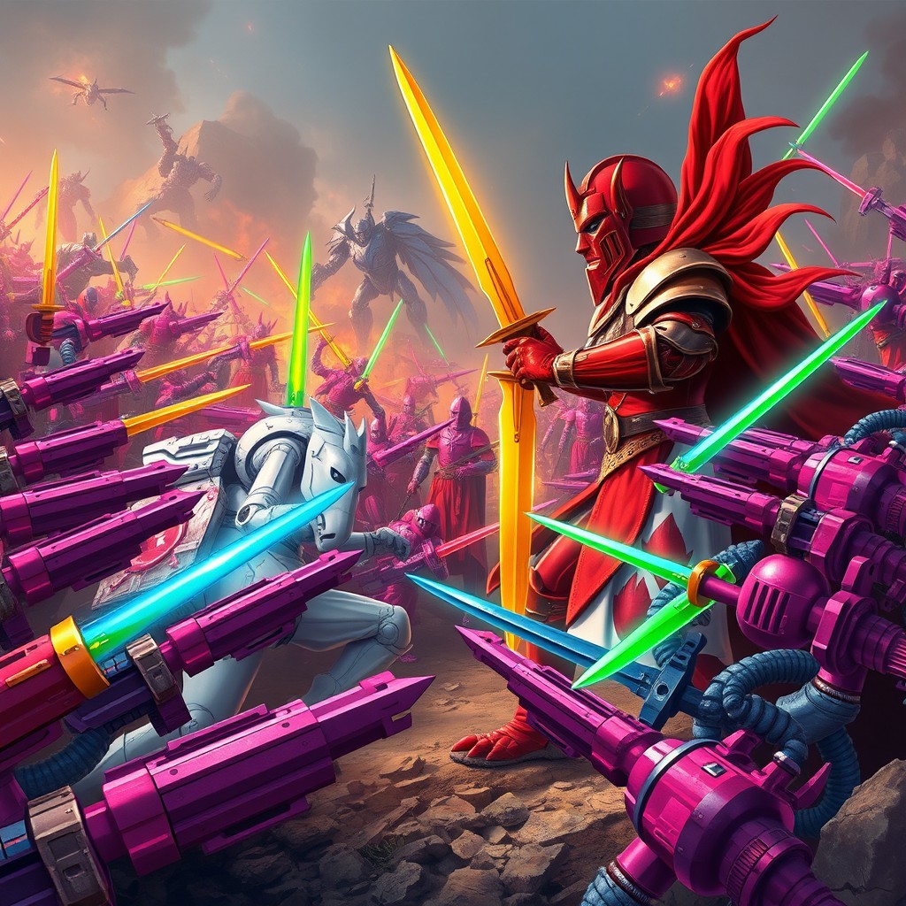 A fierce battlefield scene featuring a red knight wielding a golden sword facing off against a white knight with a green sword