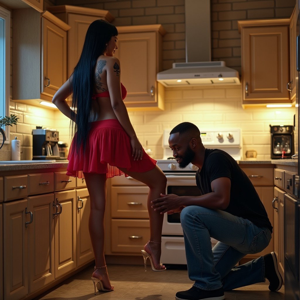 An alluring scene featuring a Mexican woman with fair skin, wide hips, and thick legs