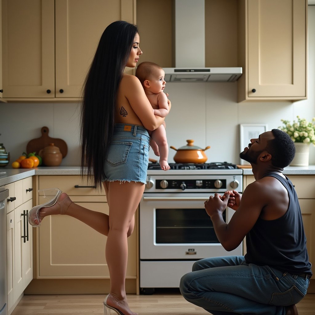 A captivating scene in a kitchen featuring a light-skinned Mexican woman with wide hips and thick legs, showcasing her very long, straight black hair