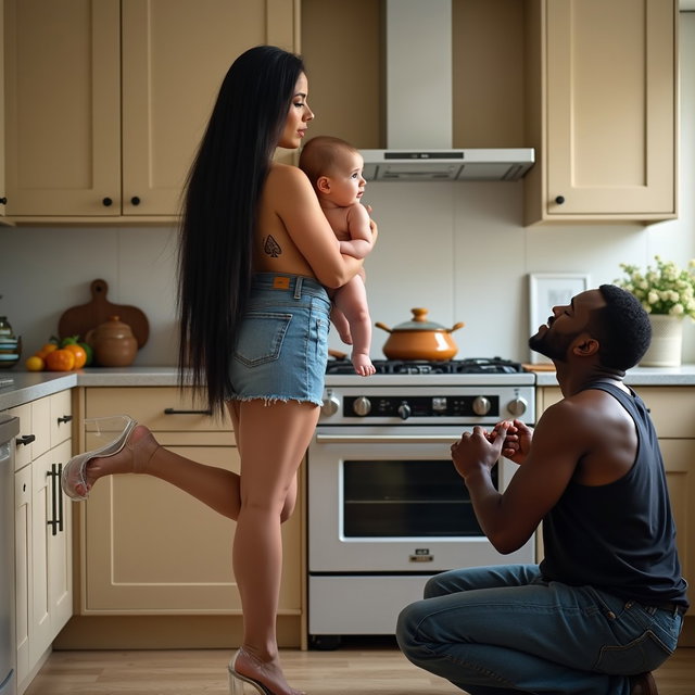A captivating scene in a kitchen featuring a light-skinned Mexican woman with wide hips and thick legs, showcasing her very long, straight black hair