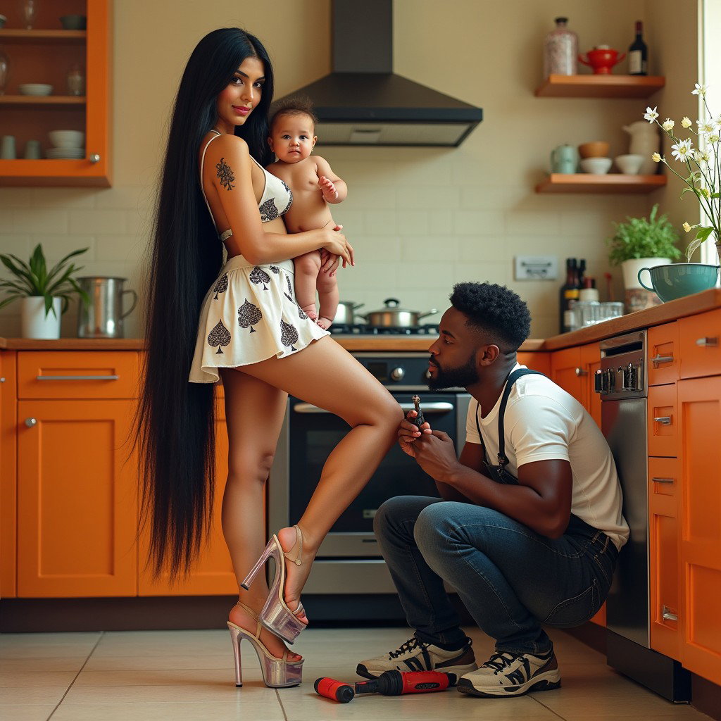 A vibrant kitchen scene featuring a light-skinned Mexican woman with wide hips and thick legs