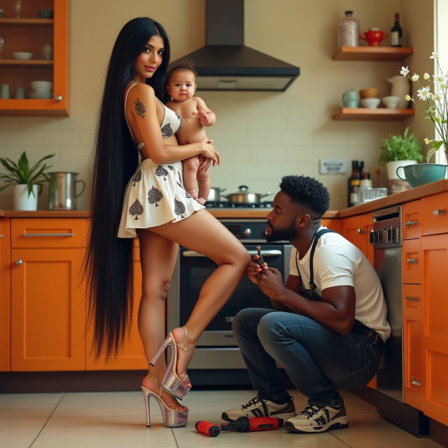 A vibrant kitchen scene featuring a light-skinned Mexican woman with wide hips and thick legs