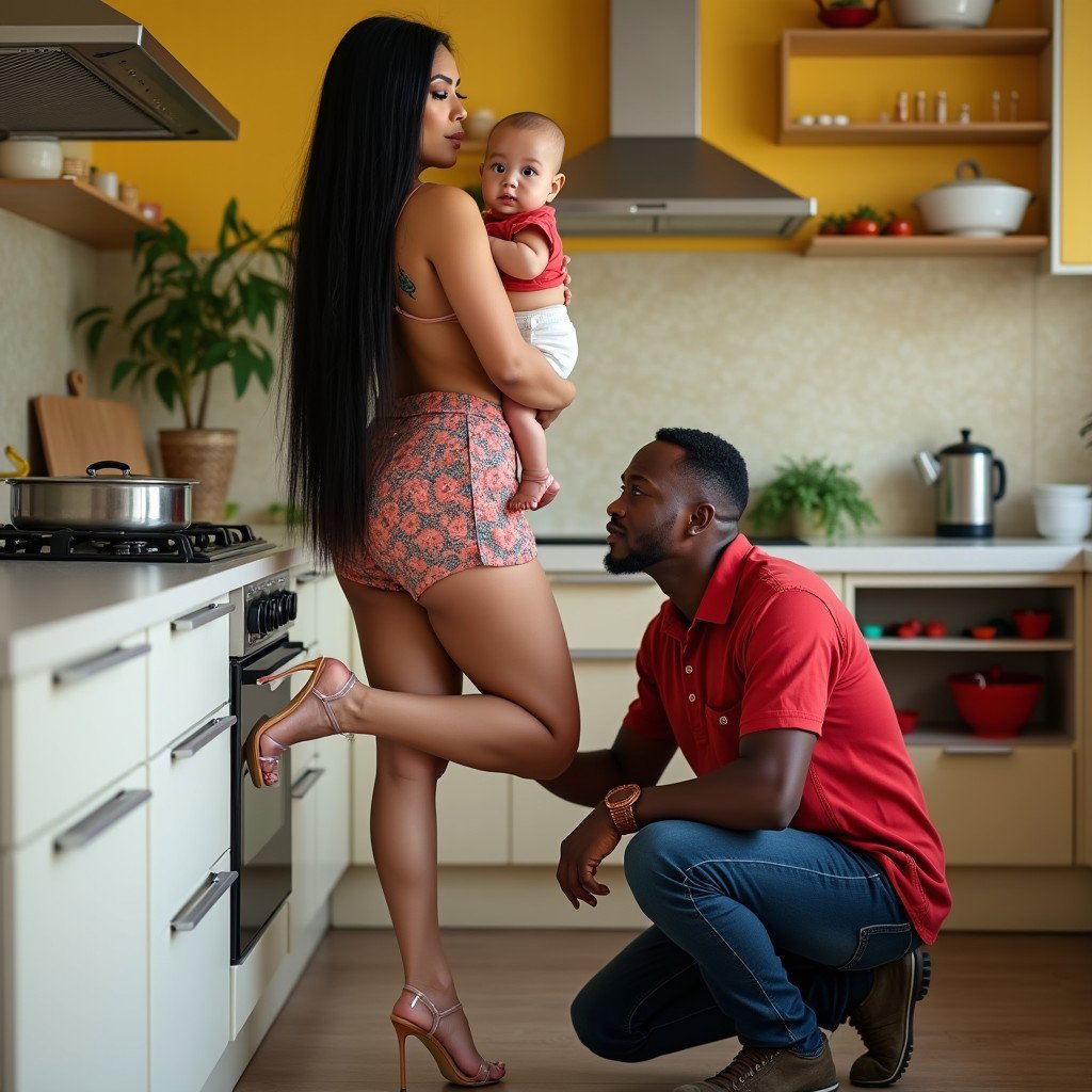 A vibrant kitchen scene featuring a light-skinned Mexican woman with wide hips and thick legs, showcasing her very long, straight black hair