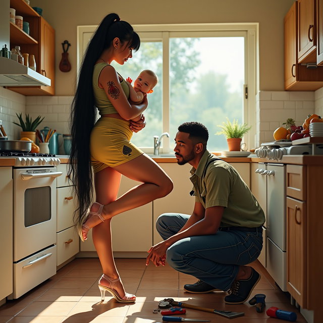 A vibrant kitchen scene featuring a light-skinned Mexican woman with wide hips and thick legs