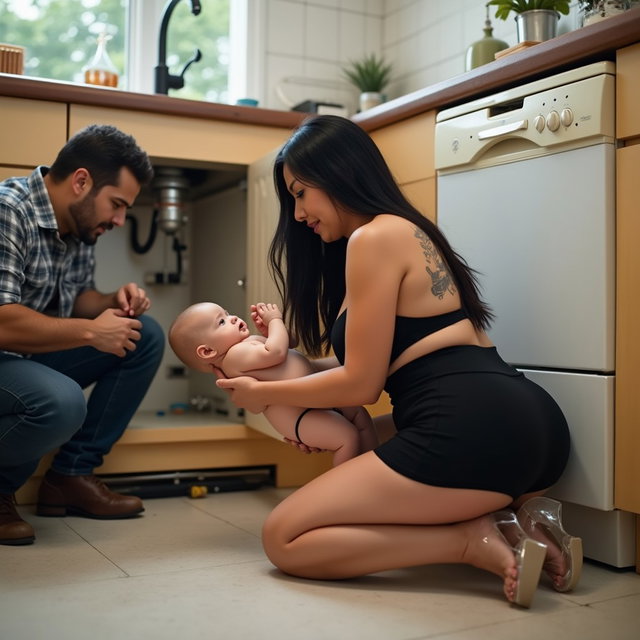 An engaging kitchen scene featuring a Mexican woman with fair skin, a curvy physique, and thick legs