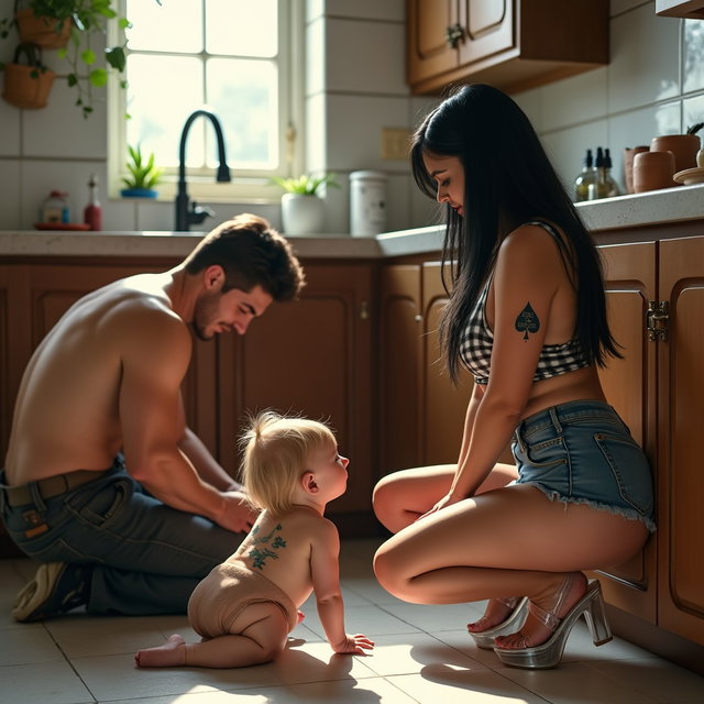 An engaging kitchen scene featuring a light-skinned Mexican woman with wide hips and a larger build