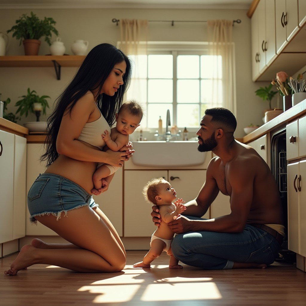 An intriguing kitchen scene featuring a light-skinned Mexican woman with wide hips, a large build, and thick legs