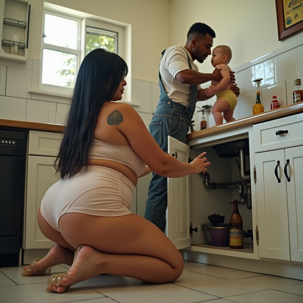 An engaging kitchen scene featuring a light-skinned Mexican woman with a large build, wide hips, and thick legs