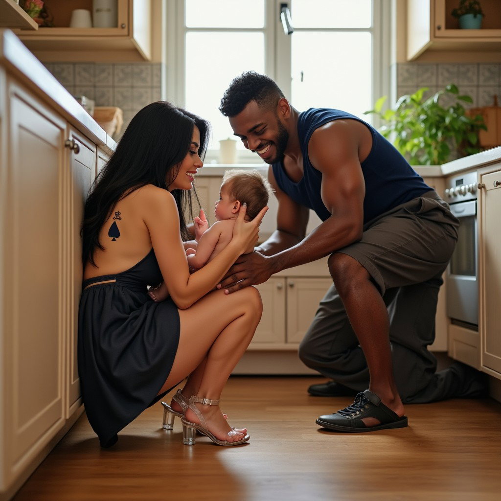A lively kitchen scene featuring a light-skinned Mexican woman with a curvy physique, wide hips, and thick legs