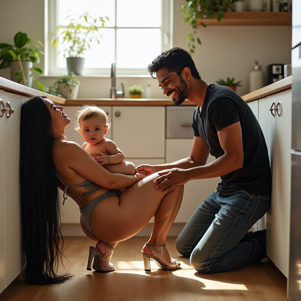 A lively kitchen scene featuring a light-skinned Mexican woman with a curvy physique, wide hips, and thick legs