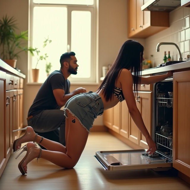 An engaging and spacious kitchen scene featuring a light-skinned Mexican woman with wide hips, a large build, and thick legs