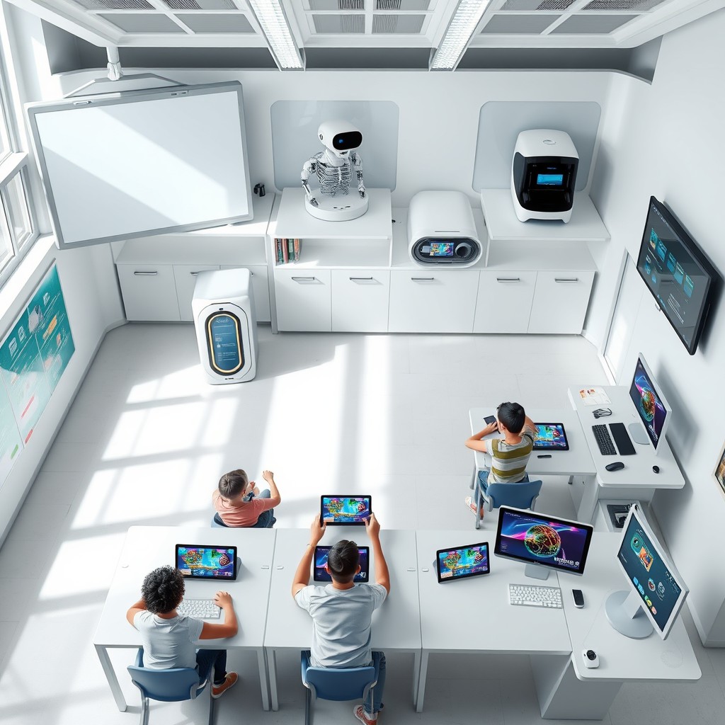 A conceptual layout of a futuristic classroom, showcasing innovative technology