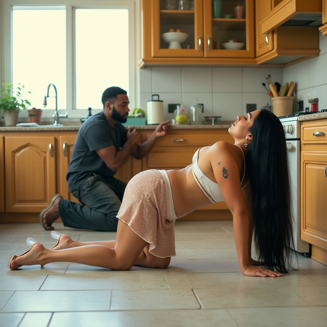 A vibrant and spacious kitchen scene featuring a light-skinned Mexican woman with a large physique, wide hips, and thick legs