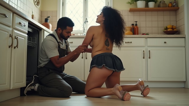 A captivating kitchen scene featuring a light-skinned Mexican woman with wide hips, a large build, and thick legs