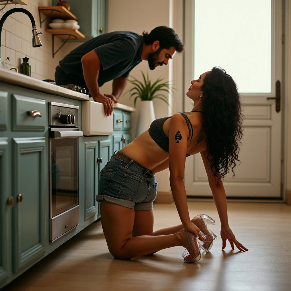 A striking scene in a spacious kitchen featuring a light-skinned Mexican woman with wide hips, a large physique, and thick legs