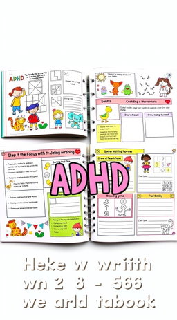 An engaging and colorful workbook designed for children with ADHD, featuring playful illustrations of characters like vibrant animals and whimsical cartoon figures