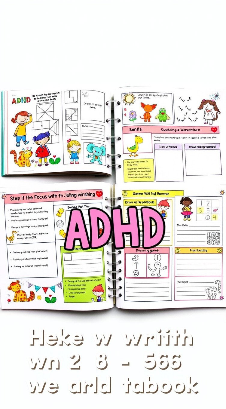 An engaging and colorful workbook designed for children with ADHD, featuring playful illustrations of characters like vibrant animals and whimsical cartoon figures