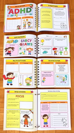 An engaging and colorful workbook designed for children with ADHD, featuring playful illustrations of characters like vibrant animals and whimsical cartoon figures