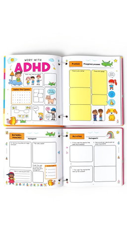 An engaging and colorful workbook designed for children with ADHD, featuring playful illustrations of characters like vibrant animals and whimsical cartoon figures