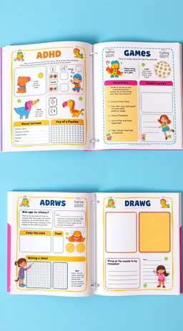 An engaging and colorful workbook designed for children with ADHD, featuring playful illustrations of characters like vibrant animals and whimsical cartoon figures