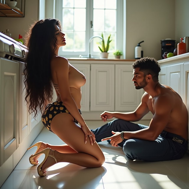 A lively and spacious kitchen scene featuring a light-skinned Mexican woman with wide hips, a larger physique, and thick legs