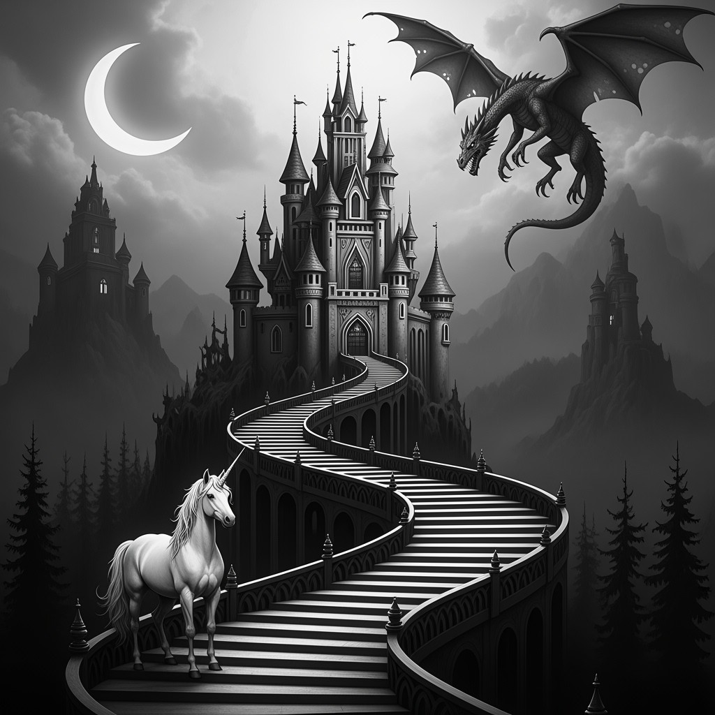A captivating fairytale castle dominates the scene, featuring a long slithering path made of intricately designed stairs that tone out at the bottom, creating a whimsical yet haunting visual