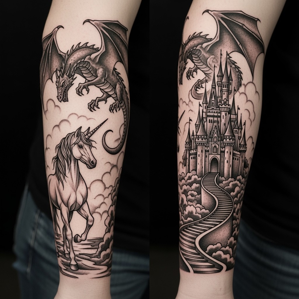 A majestic fairytale castle is depicted prominently, with a long, slithering path made of ornate stairs leading up to it, toning out at the bottom to add depth
