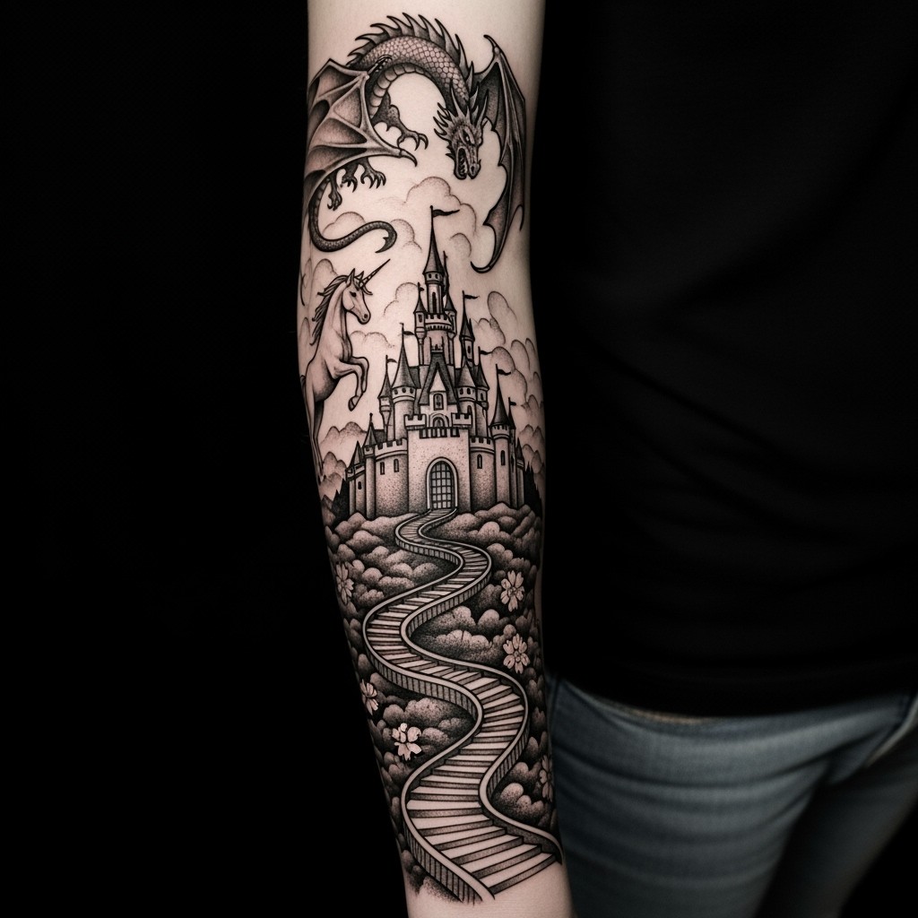 A mesmerizing fairytale castle takes center stage, featuring a long slithering path crafted from ornate stairs that tone out at the bottom, creating a flowing, whimsical aesthetic