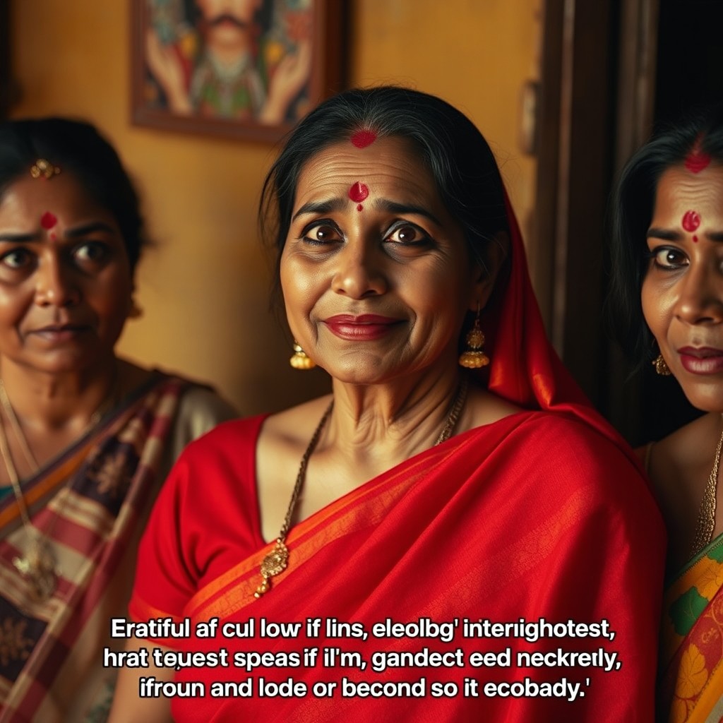 A close-up scene featuring the same woman in a red cotton saree, her proud expression shining through as she continues to boast about her daughter-in-law, described as extremely beautiful