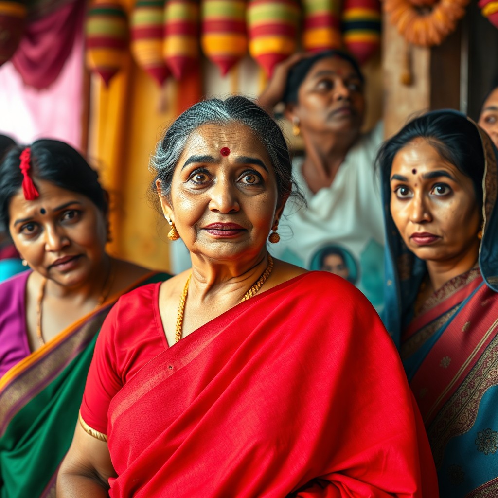 A vibrant scene featuring the same woman in a red cotton saree, her proud expression vividly showcasing her confidence as she continues to boast about her daughter-in-law