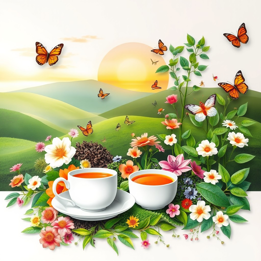 A charming and inviting wall art design for a tea cafe, featuring various types of tea leaves and elegant teacups artfully arranged