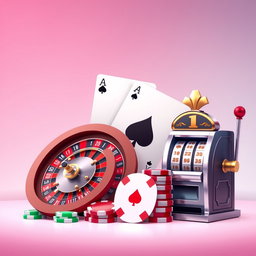 A clean, realistic digital illustration featuring classic casino elements: a detailed roulette wheel, playing cards including a striking Ace of Spades, vibrant poker chips in red and gold, and a traditional slot machine