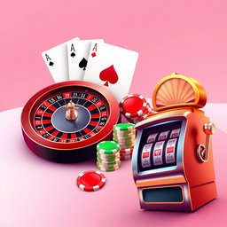 A clean, realistic digital illustration featuring classic casino elements: a detailed roulette wheel, playing cards including a striking Ace of Spades, vibrant poker chips in red and gold, and a traditional slot machine