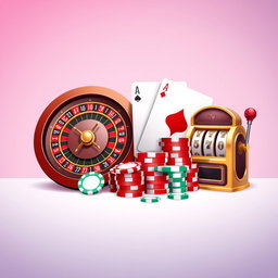 A clean, realistic digital illustration featuring classic casino elements: a detailed roulette wheel, playing cards including a striking Ace of Spades, vibrant poker chips in red and gold, and a traditional slot machine