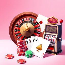 A clean, realistic digital illustration featuring classic casino elements: a detailed roulette wheel, playing cards including a striking Ace of Spades, vibrant poker chips in red and gold, and a traditional slot machine