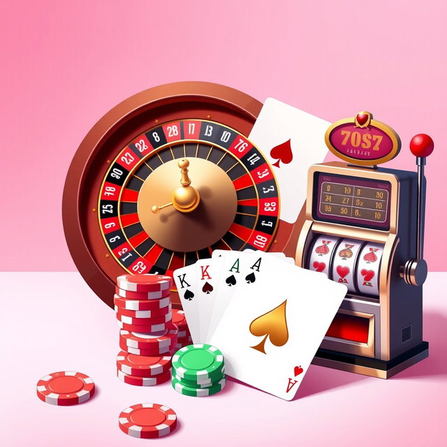 A clean, realistic digital illustration featuring classic casino elements: a detailed roulette wheel, playing cards including a striking Ace of Spades, vibrant poker chips in red and gold, and a traditional slot machine