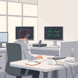A modern, minimalistic digital illustration depicting a tech office environment with a small team of 2 to 4 developers focused on their work