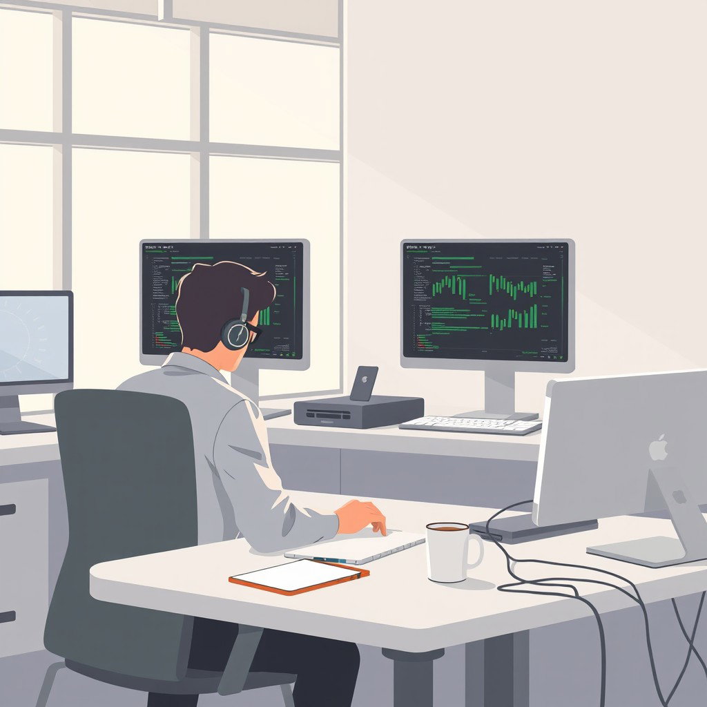 A modern, minimalistic digital illustration depicting a tech office environment with a small team of 2 to 4 developers focused on their work