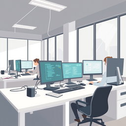 A modern, minimalistic digital illustration depicting a tech office environment with a small team of 2 to 4 developers focused on their work