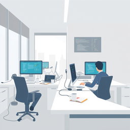 A modern, minimalistic digital illustration depicting a tech office environment with a small team of 2 to 4 developers focused on their work