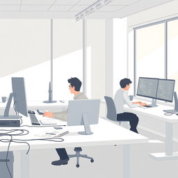 A modern, minimalistic digital illustration depicting a tech office environment with a small team of 2 to 4 developers focused on their work