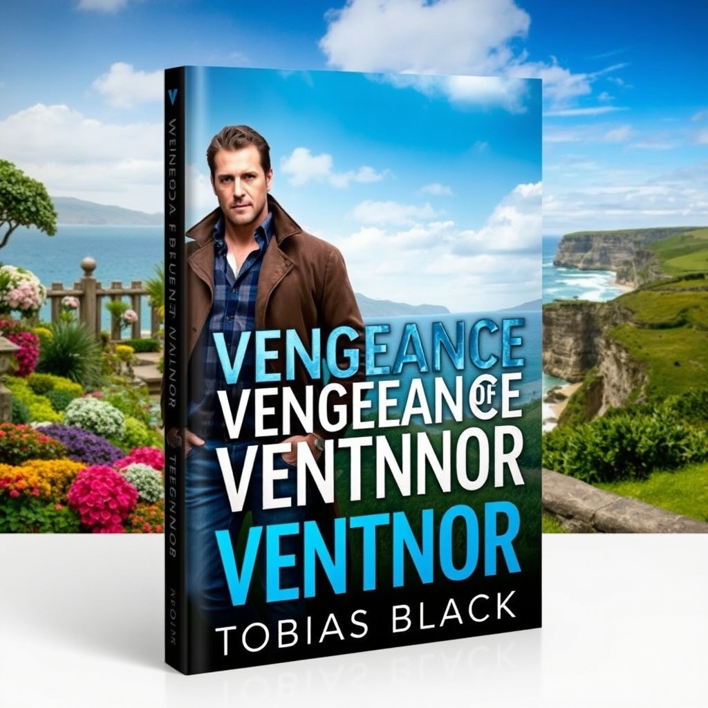 A captivating book cover for the novel 'Vengeance in Ventnor', featuring either a picturesque botanical garden or a stunning beach and cliff scene in the background